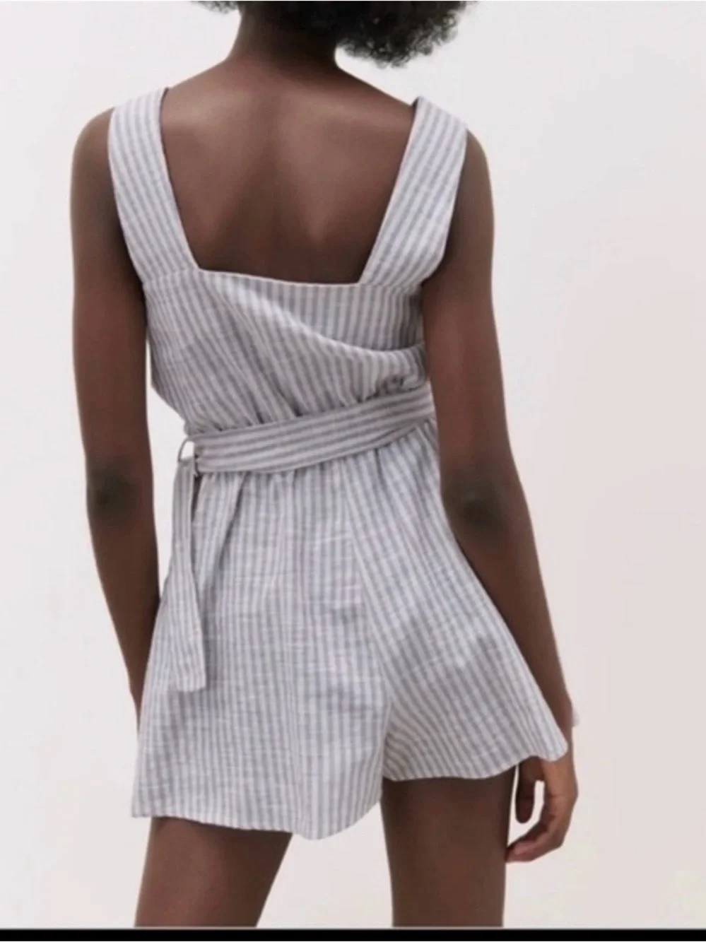 Zara Light Blue Striped Belted Romper L